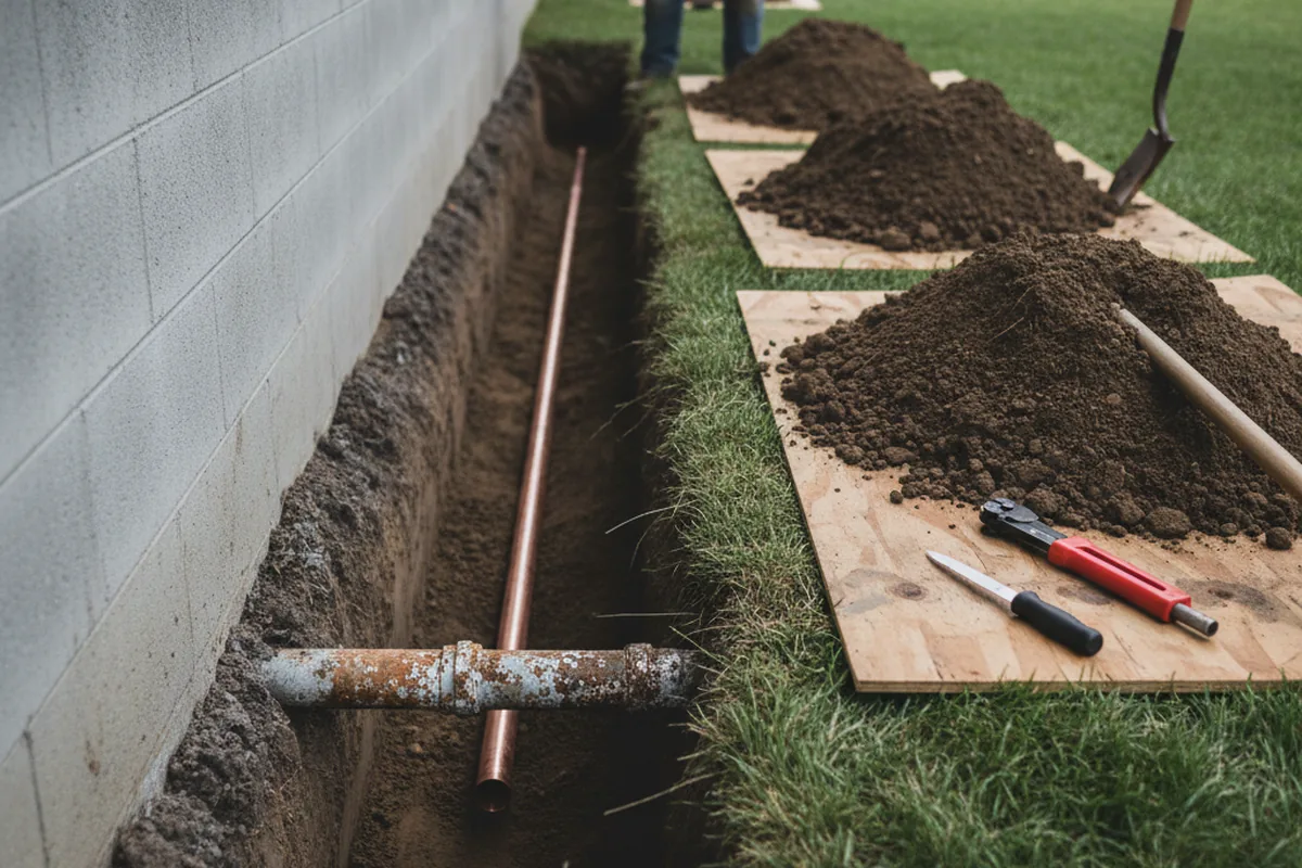 Excavated water line trench during Sewer Line Repair in Pinehurst
